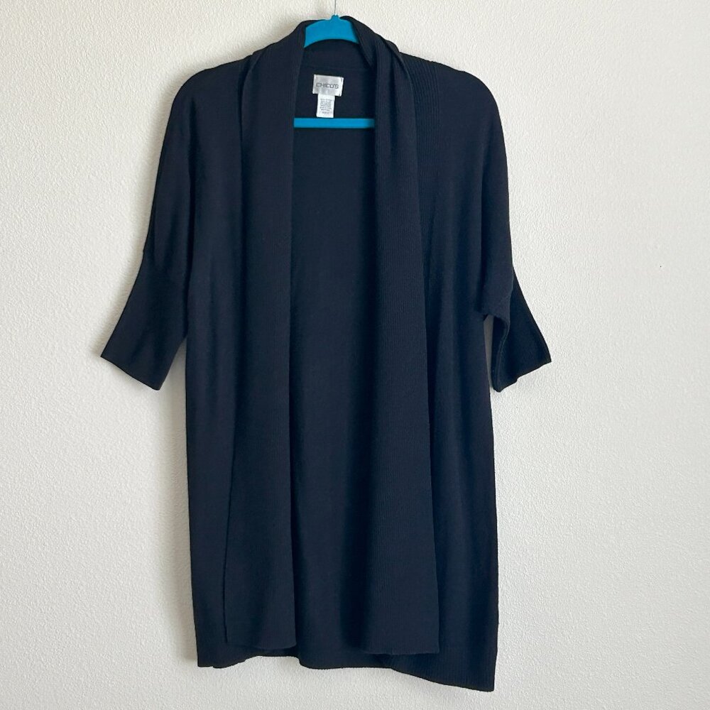 Chicos Women Sweater Cardigan Size M 1 Black Open Shawl Front Half Dolman Sleeve